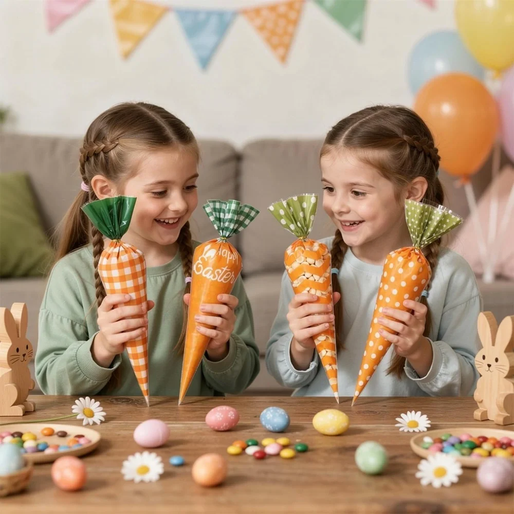 Easter Carrot Cone Party Favor Bags - Orange and Green